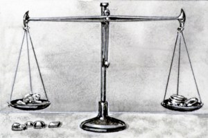A drawing of balances, or scales, of Bible times. A standard weight was placed on one side, and the object or objects to be weighed were placed on the other side.