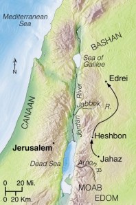 King Sihon refused passage to the Israelites through his land, and he attacked Israel at Jahaz. Israel defeated him, occupying the land between the Arnon and Jabbok Rivers, including the capital city, Heshbon. As they moved north, they defeated King Og of Bashan at Edrei (Deuteronomy 2:30).