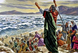 When the Israelites were safely across the Red Sea, crossing on dry land, Moses stretched out his hands and the waters of the sea poured back over the Egyptians and their chariots (Exodus 14:23-31).