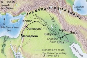 Nehemiah worked in Susa as a personal assistant for the king of the vast Medo-Persian Empire. When he heard that the rebuilding projects in Jerusalem were progressing slowly, he asked the king if he could go there to help his people complete the task of rebuilding their citys walls. The king agreed to let him go; so he left as soon as possible, traveling along much the same route Ezra had taken.